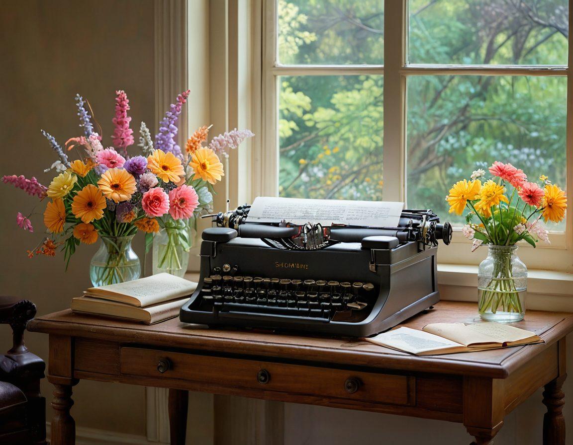 A serene study with an open book overflowing with colorful words, quills, and a vintage typewriter. In the background, a large window reveals a sunlit garden filled with blooming flowers, symbolizing growth and creativity. Floating above the desk, thought bubbles contain inspiring quotes on eloquence and language mastery. soft pastel colors. cozy atmosphere. oil painting.