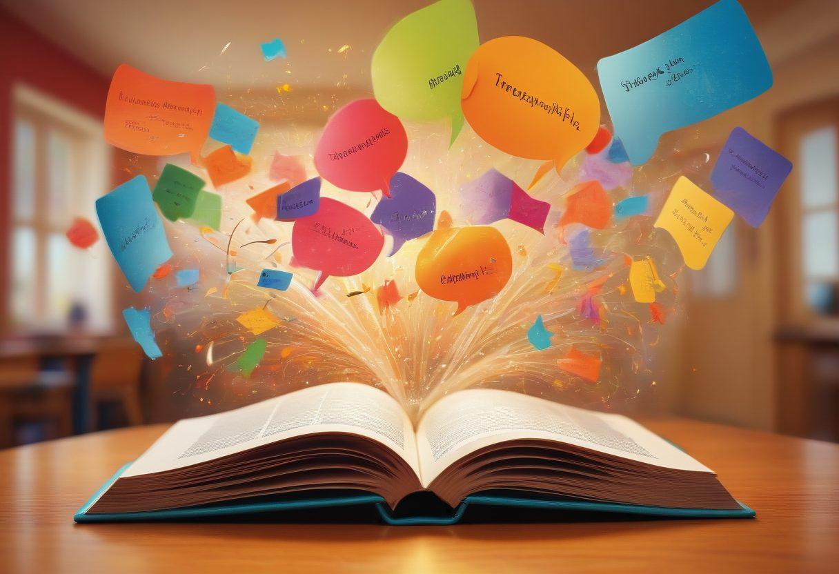 A captivating open book with pages swirling around it, showcasing various synonyms and eloquent phrases that float in the air. The background features a bright classroom setting enhanced with colorful speech bubbles and icons representing effective communication, like megaphones and chat boxes. A warm, inviting atmosphere that inspires creativity and learning. super-realistic. vibrant colors. soft focus.