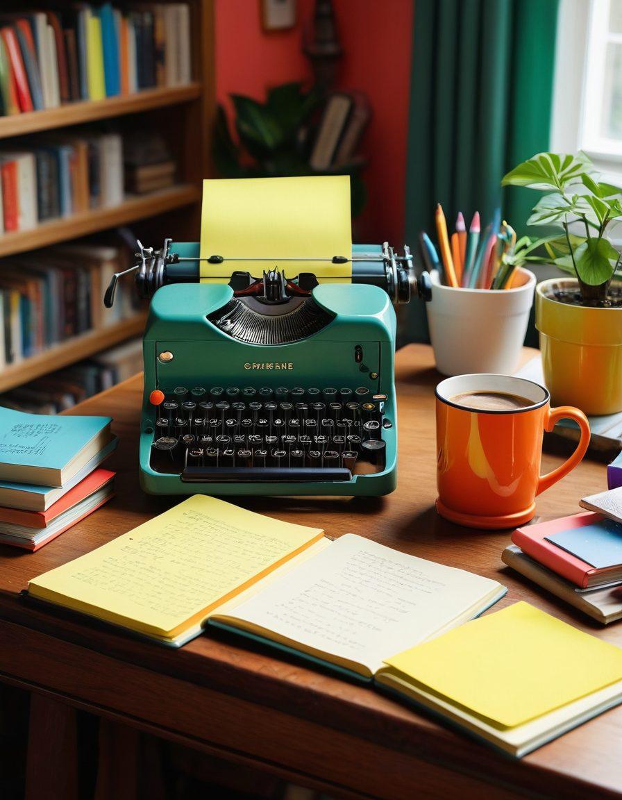 An open notebook with neatly written notes and scattered colorful post-it notes, surrounded by a vintage typewriter and a steaming cup of coffee, symbolizing creativity and inspiration. In the background, a bookshelf filled with classic literature and modern language guides, evoking a sense of knowledge and mastery. Bright and inviting atmosphere to enhance the learning experience. vibrant colors. cozy ambiance. 3D.